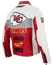 Kansas City Chiefs Pro Racing leather jacket shown from the back, featuring red and white panels with the Chiefs logo, 'CHIEFS' text, and AFC West patch.