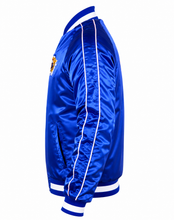 A royal blue satin bomber jacket shown from the side profile against a plain white background, featuring white contrast piping and ribbed collar, cuffs, and hem.