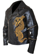 Black crocodile-embossed leather biker jacket featuring a large gold embroidered dragon design on the front, with gold zipper accents.