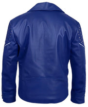 A royal blue faux leather jacket shown from the back, featuring silver studded details on the shoulders and white piping along the sleeve seams, set against a plain white background.