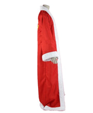 A red Santa Claus-style robe with white faux-fur trim, shown on a mannequin against a plain white background.