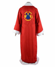 A red robe shown from the back on a mannequin, featuring white faux-fur trim at the collar, cuffs, and hem, with a blue and yellow bunny logo centered on the back.