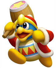 King Dedede from the Super Mario series, depicted holding a wooden mace and wearing a red and white royal cape with a yellow and blue body, set against a plain white background.