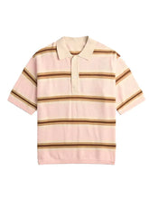 A short-sleeve polo shirt with horizontal stripes in light pink, beige, and brown, featuring a solid beige collar and three-button placket, shown against a plain white background.