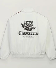 White track jacket shown from the back, featuring a black rose graphic and the text 'Chavarria Fine Athletic Fashions' printed on the center back.