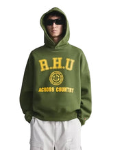 Person wearing a green hoodie with 'R.H.U Across Country' text on a gray background