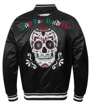 Black satin bomber jacket shown from the back, featuring a large white sugar skull graphic with red and green details, 'Viva Los Raiders' text, and a Raiders logo on the collar.