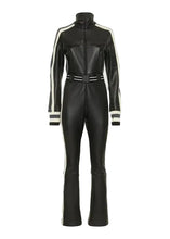 Front view of women’s textured black leather jumpsuit