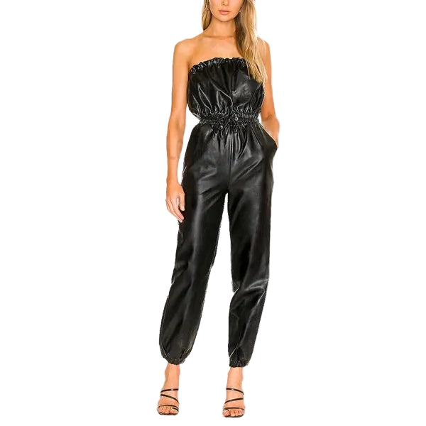 Classy black genuine leather pull-on jumpsuit
