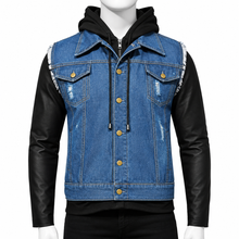 A men's hooded denim jacket with black faux-leather sleeves, shown on a white mannequin against a plain white background.