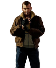 A stylized digital illustration of a man standing on a wooden railing with a city skyline and water behind him. He is wearing a brown jacket over a light olive zip-front top and dark pants, with fingerless gloves on his hands.