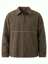 A brown zip-up jacket with a collar and a thin horizontal contrast stitching detail across the chest, shown against a plain white background.