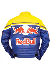 Lillie Red Bull Motorcycle Blue and Yellow Leather Jacket