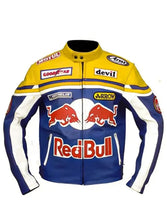 Lillie Red Bull Motorcycle Blue and Yellow Leather Jacket