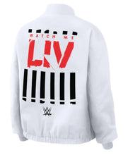 Liv Morgan 2026 Watch Me LIV White Denim Bomber Jacket front view