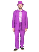 A man modeling a bright purple three-piece suit with a matching top hat, matching bow tie, and a white patterned shirt, standing against a plain white background.