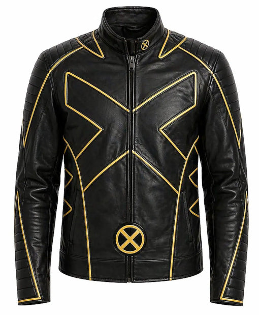 Black faux leather jacket with gold metallic piping and an X-Men style 'X' logo on the chest and a circular 'X' emblem on the lower front, shown on a plain white background.
