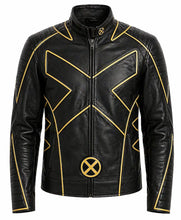 Black faux leather jacket with gold metallic piping and an X-Men style 'X' logo on the chest and a circular 'X' emblem on the lower front, shown on a plain white background.
