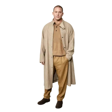 Below-knee beige long coat with side waist and inner pockets