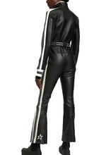 Black genuine leather jumpsuit with contrast detail strips