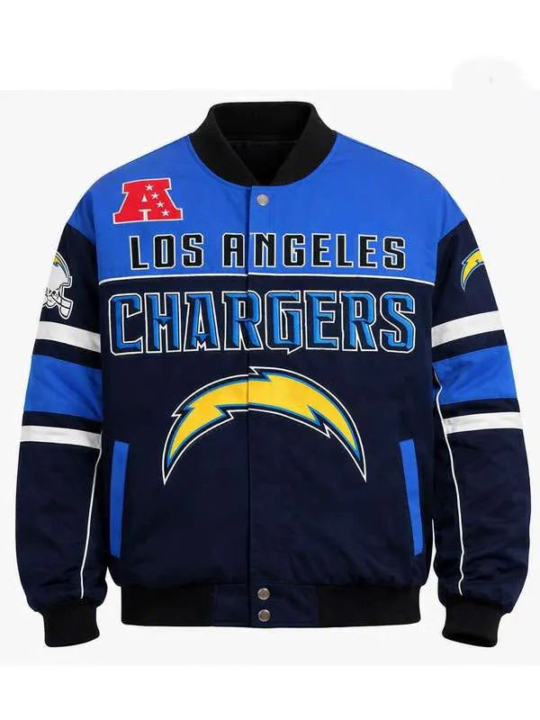 Los Angeles Chargers varsity jacket in blue and navy with a black ribbed collar, cuffs, and hem. Features the team name 'LOS ANGELES CHARGERS' in white and blue, a large yellow lightning bolt logo on the front, and a red 'AA' logo on the upper left chest.