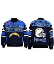 Los Angeles Chargers football jacket shown from the front and back, featuring a blue and navy color scheme with white and yellow accents, on a plain white background.