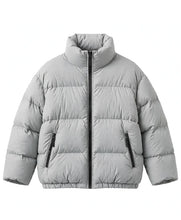 A light gray puffer jacket with a high stand-up collar, horizontal quilted baffles, and black zipper details, shown against a plain white background.