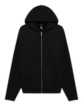 A black zip-up hoodie with a front kangaroo pocket, shown flat against a light gray background. The brand logo 'AKY&G' is visible on the inner neck label and as a subtle embroidered detail on the left chest.
