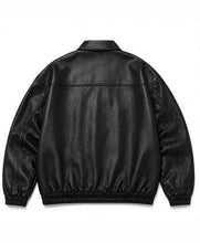 Black leather jacket shown from the back, featuring a smooth texture, a collar, and elasticized cuffs and hem, photographed on a solid white background.