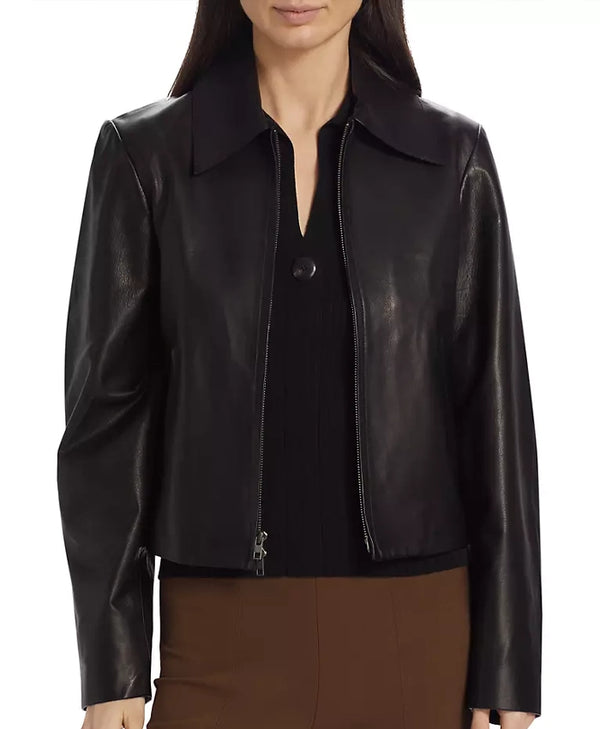 Maya Bins Vince Zip Front Black Leather Jacket