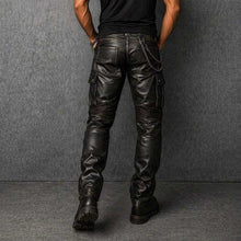 Men Black Sheepskin Cargo Biker Pants