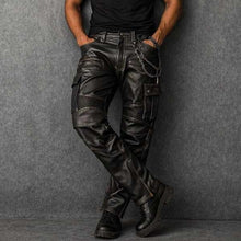 Men Black Sheepskin Leather Cargo Biker Pants