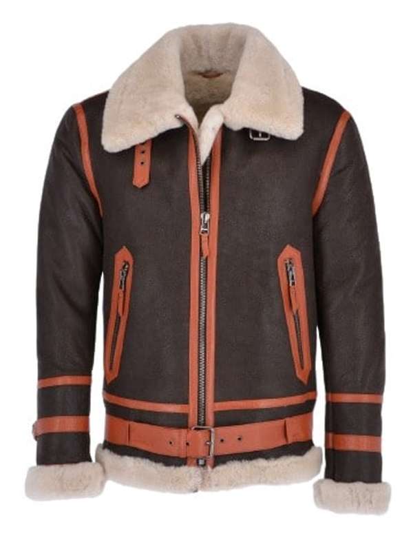 Men Belted Style Shearling Leather Jacket