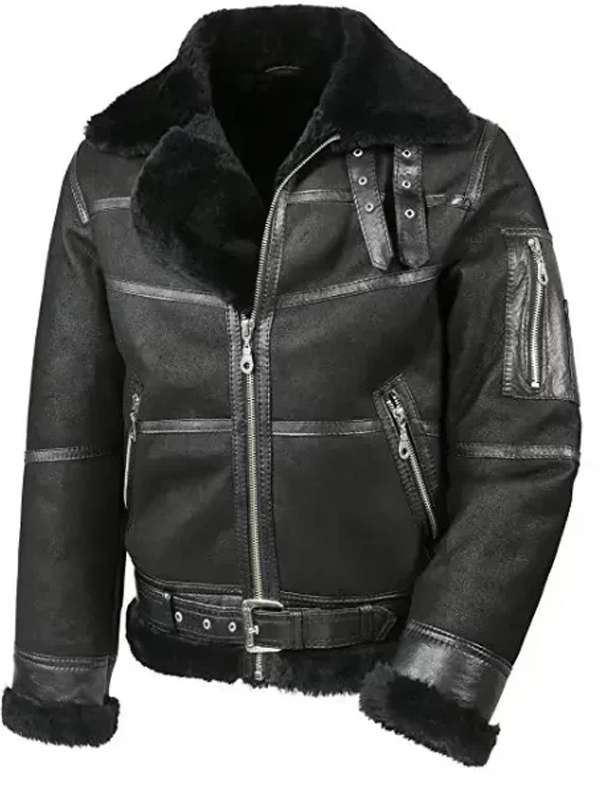 Men Sheepskin Aviator Shearling Black Leather Jacket