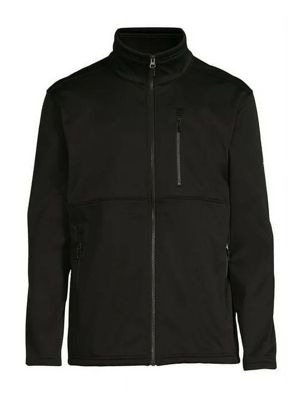 A black zip-up jacket with a stand-up collar and a vertical zippered pocket on the left chest, displayed against a plain white background.