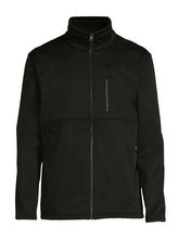 A black zip-up jacket with a stand-up collar and a vertical zippered pocket on the left chest, displayed against a plain white background.