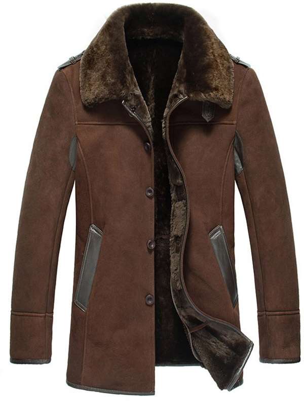 Men’s Reacher Style Sheepskin Shearling Brown Leather Coat