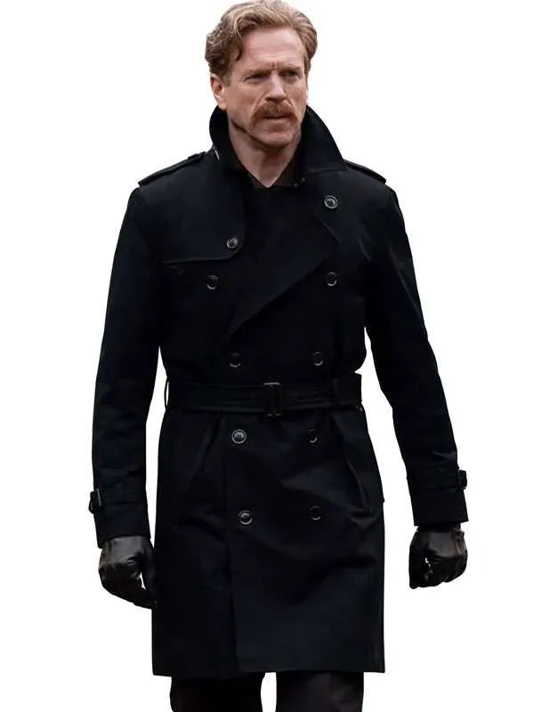 A man wearing a long black double-breasted trench coat with a matching belt, black gloves, and a mustache, isolated on a white background.
