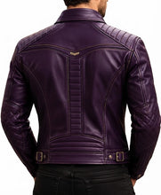 Purple real leather biker jacket with snap-tab erect collar