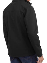 A man wearing a black quarter-zip fleece jacket, shown from a rear three-quarter angle against a light gray background.