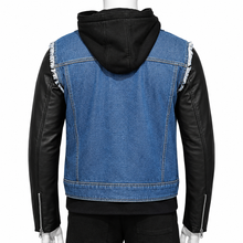 A men's hooded jacket shown from the back on a mannequin, featuring a blue denim body with frayed shoulder details and black faux-leather sleeves and hood.
