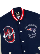 Navy New England Patriots wool varsity jacket with fabric lining