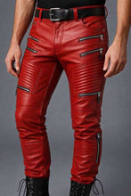 Mens Red Slim Fit Biker Leather Pants