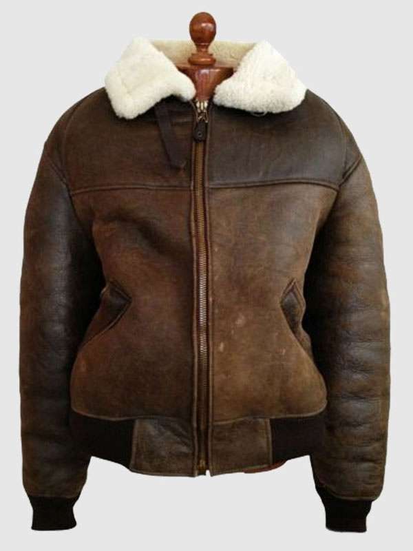 Men Shearling Pilot Brown Bomber Leather Jacket