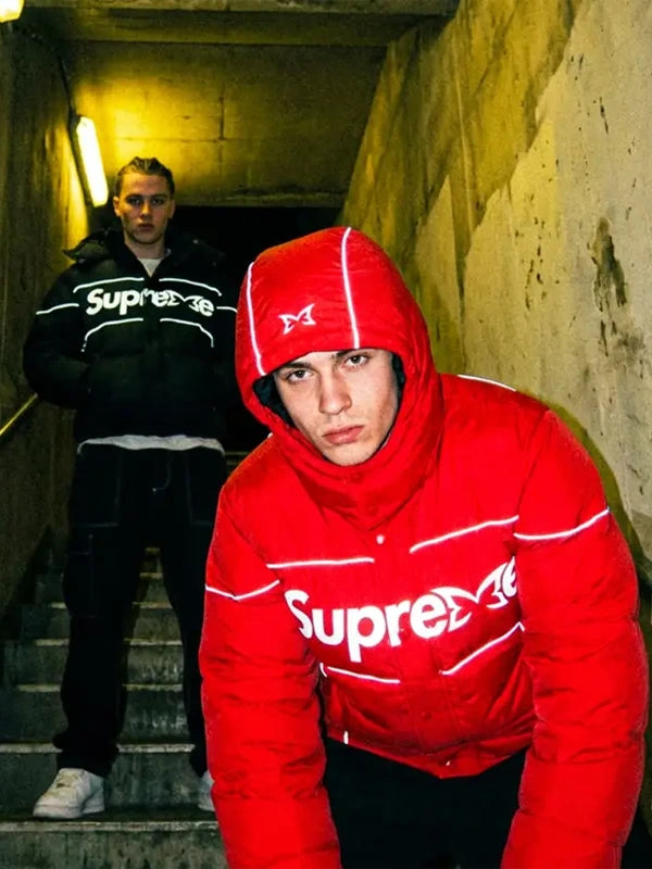 Black and red Mertra Supreme hooded jacket
