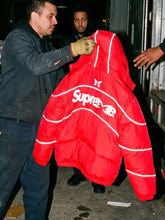 Mertra Supreme red and black hooded puffer jacket