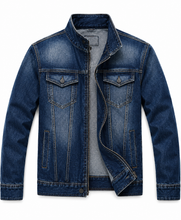 A men's blue denim jacket with a stand collar, featuring two buttoned chest flap pockets, two vertical welt pockets, and a zippered front closure, shown on a plain white background.