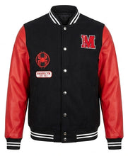 A black and red varsity jacket with a black wool body, red leather sleeves, and white striped ribbed collar, cuffs, and hem. It features a red block 'M' on the left chest, a red spider emblem with 'Brooklyn' on the right chest, and silver snap buttons.