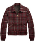 A cropped zip-up jacket featuring a dark red and black plaid pattern with thin white accent lines, displayed on a clean white background.