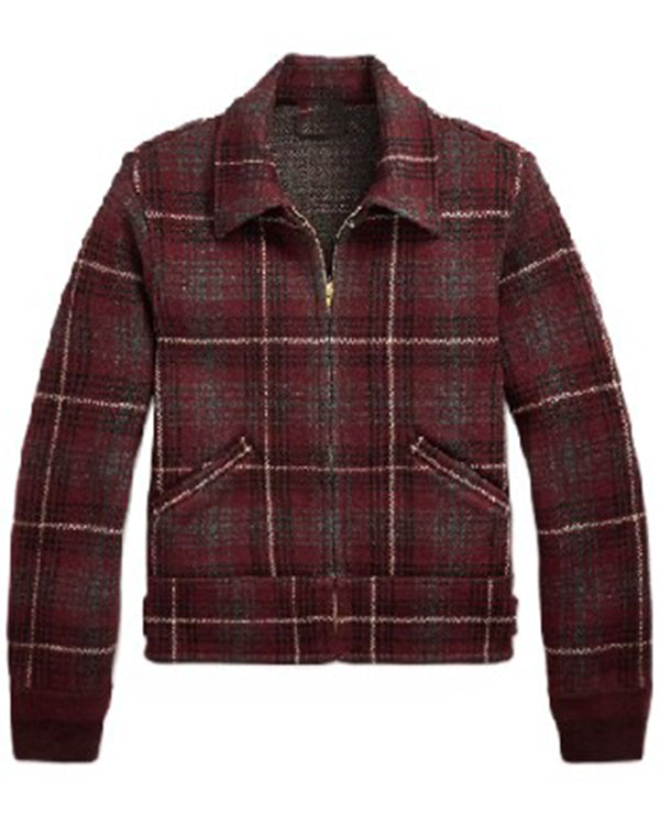 A cropped zip-up jacket featuring a dark red and black plaid pattern with thin white accent lines, displayed on a clean white background.